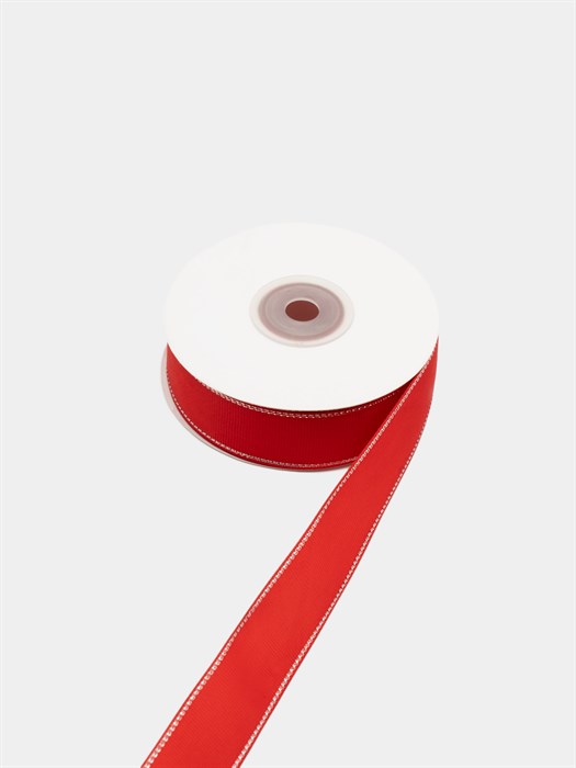 Лента репсовая с люрексом (серебро) шир.25мм цв.S235 Красный рул.18,28 м - фото 6561
