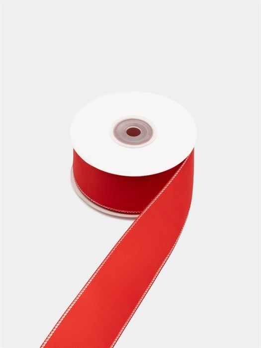 Лента репсовая с люрексом (серебро) шир.38мм цв.S235 Красный рул.18,28 м - фото 6606