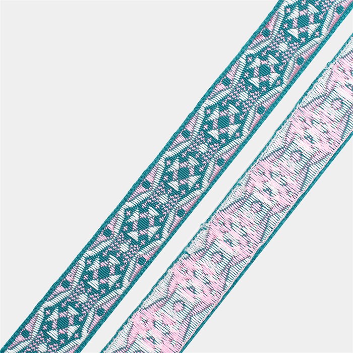 Лента отделочная жаккард шир.18мм С1851Г17 цв.8383 Бирюзовый,Белый,Розовый рул.25 м 6022/0240 - фото 7773